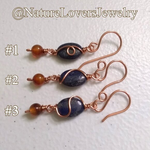 Copper Wire Wrapped Earrings ~ Lapis Lazuli & Russet Agate | Fall Jewelry - Picture 8 of 9
